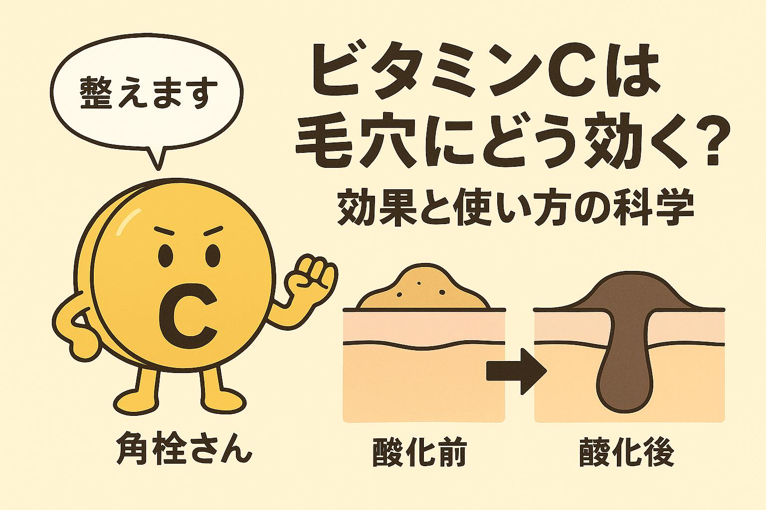ビタミンCが毛穴に与える効果を解説した日本語の図解イラスト。左側には「整えます」と話す擬人化されたビタミンCのキャラクターが登場し、キャラ名は「角栓さん」。右側には毛穴の断面図があり、「酸化前」と「酸化後」の比較が描かれている。酸化前は詰まり気味の毛穴、酸化後は黒ずんで拡大した毛穴の状態を表現。毛穴の改善におけるビタミンCの役割をわかりやすく示した構成。