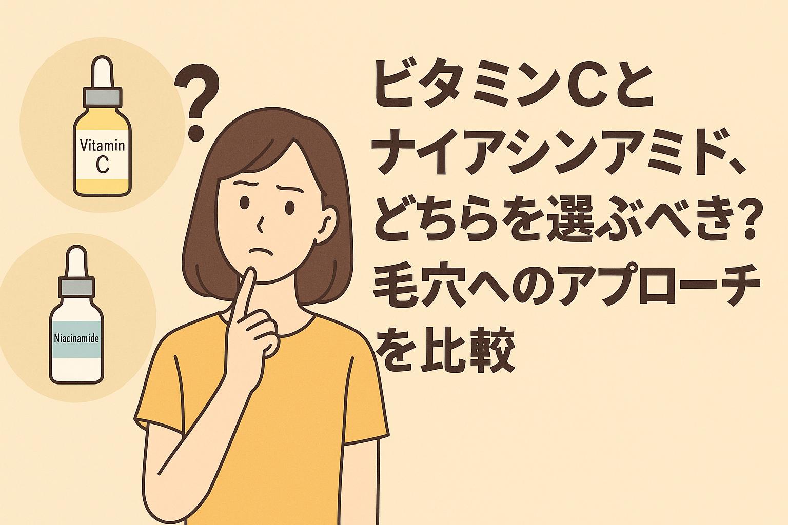 黄色い服を着た若い女性が、ビタミンCとナイアシンアミドの2本の美容液ボトルを見比べて悩んでいる様子のイラスト。頭上には「？」マークがあり、背景は淡いベージュ。右側には「ビタミンCとナイアシンアミド、どちらを選ぶべき？毛穴へのアプローチを比較」という太字の日本語テキストが配置されている。
