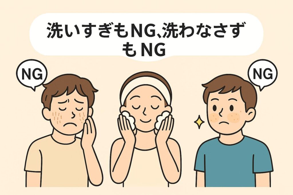「洗いすぎもNG、洗わなさすぎもNG」と中央に表示された日本語テキスト。
左には乾燥してカサカサの顔をした男性(洗いすぎ)、中央には泡洗顔をしている女性(適切なケア)、右には皮脂でテカってニキビがある男性(洗わなさすぎ)が描かれ、洗顔習慣のバランスの重要性を表している。