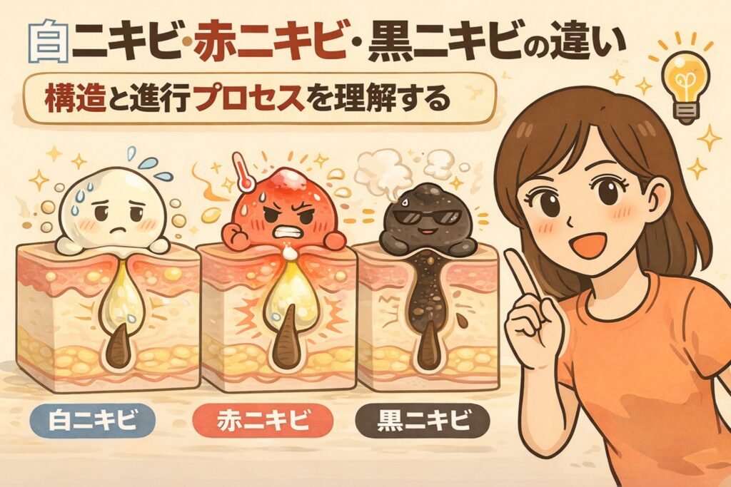 白ニキビ・赤ニキビ・黒ニキビの違いを構造と進行プロセスで解説する図解イラスト。左から順に、毛穴が詰まり始めた白ニキビ、炎症を起こした赤ニキビ、皮脂が酸化して黒くなった黒ニキビが断面図で描かれている。右側には指差しで説明する女性が配置され、ニキビの種類ごとの原因と進行の違いを視覚的に理解できるビジュアル。