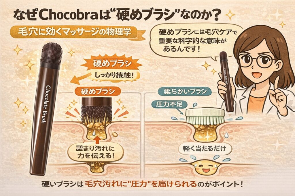 Chocobraが硬めブラシを採用している理由を解説する図解イラスト。左側では硬めブラシが毛穴内部の詰まり汚れに十分な圧力を伝え、マッサージ効果を発揮する様子を断面図で表現。右側では柔らかいブラシが圧力不足で毛穴汚れに届かない対比が描かれている。右上には白衣を着た女性研究者キャラクターがブラシを持ち、科学的意味を解説している。