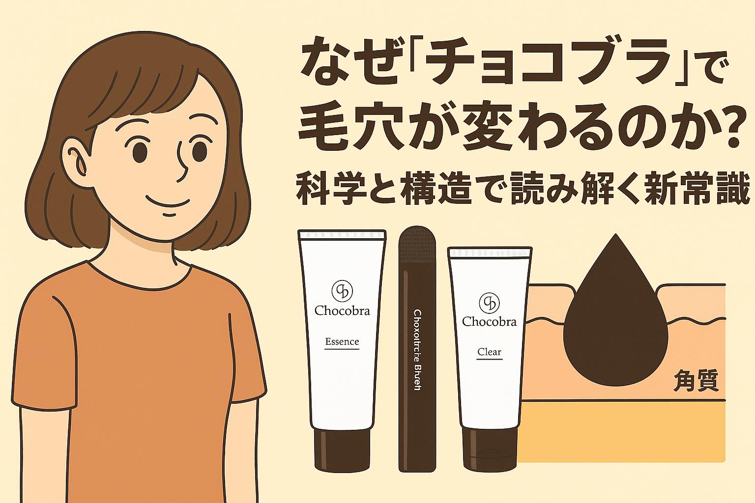 Chocobra製品（美容液・ブラシ・マッサージジェル）とともに、毛穴と角質の断面構造が描かれた図解型イラスト。タイトルは「なぜ『チョコブラ』で毛穴が変わるのか？」で、科学的アプローチと構造の関係を強調する内容。左には微笑む女性が登場し、親しみやすさを演出。