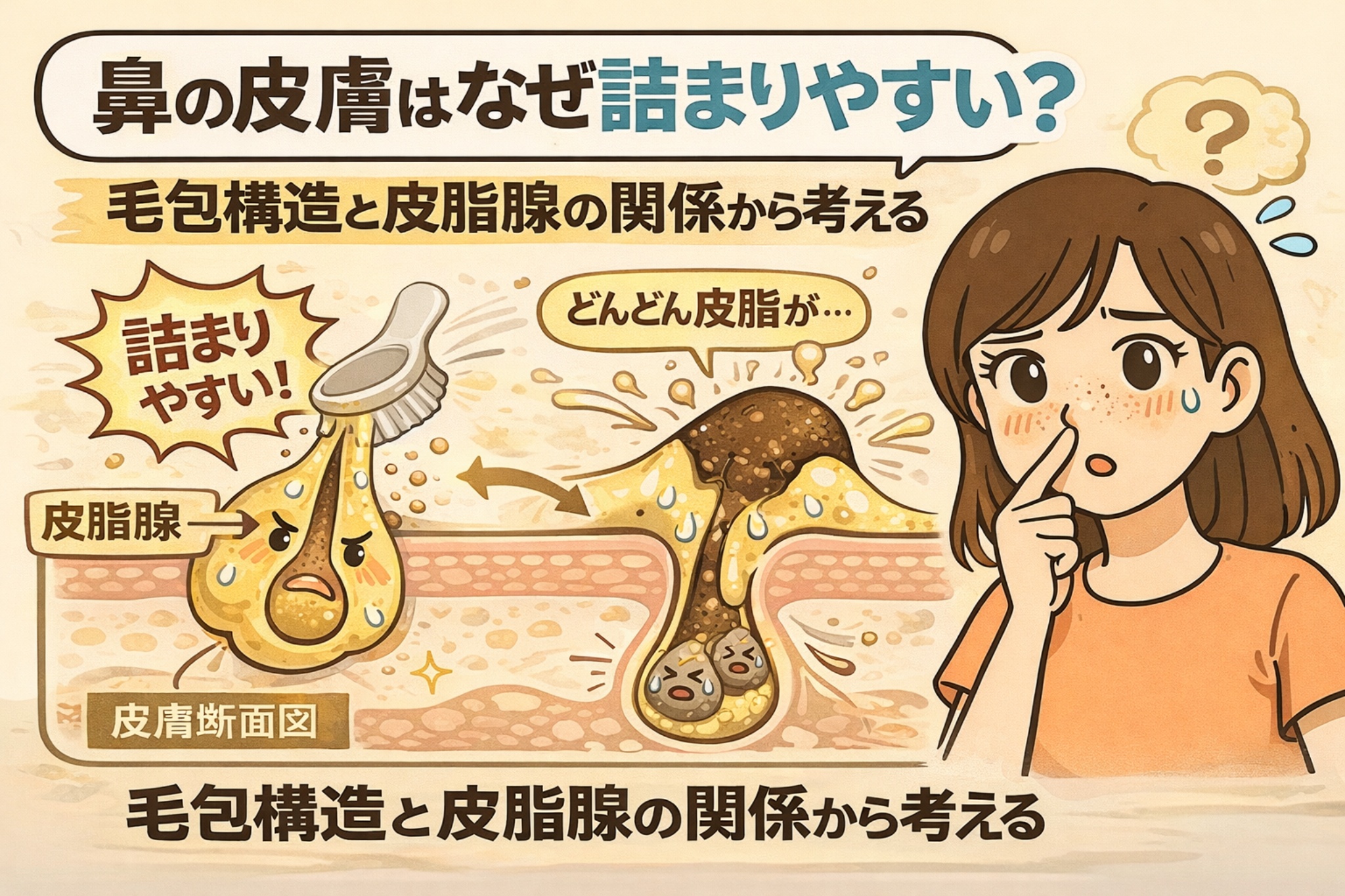 鼻の皮膚が詰まりやすい理由を、毛包構造と皮脂腺の関係から解説したイラスト。皮脂分泌が多い鼻では毛包内に皮脂が溜まりやすく、角質と混ざって詰まりが起きやすい構造を断面図で示し、洗顔だけでは防ぎにくい背景をわかりやすく説明している。