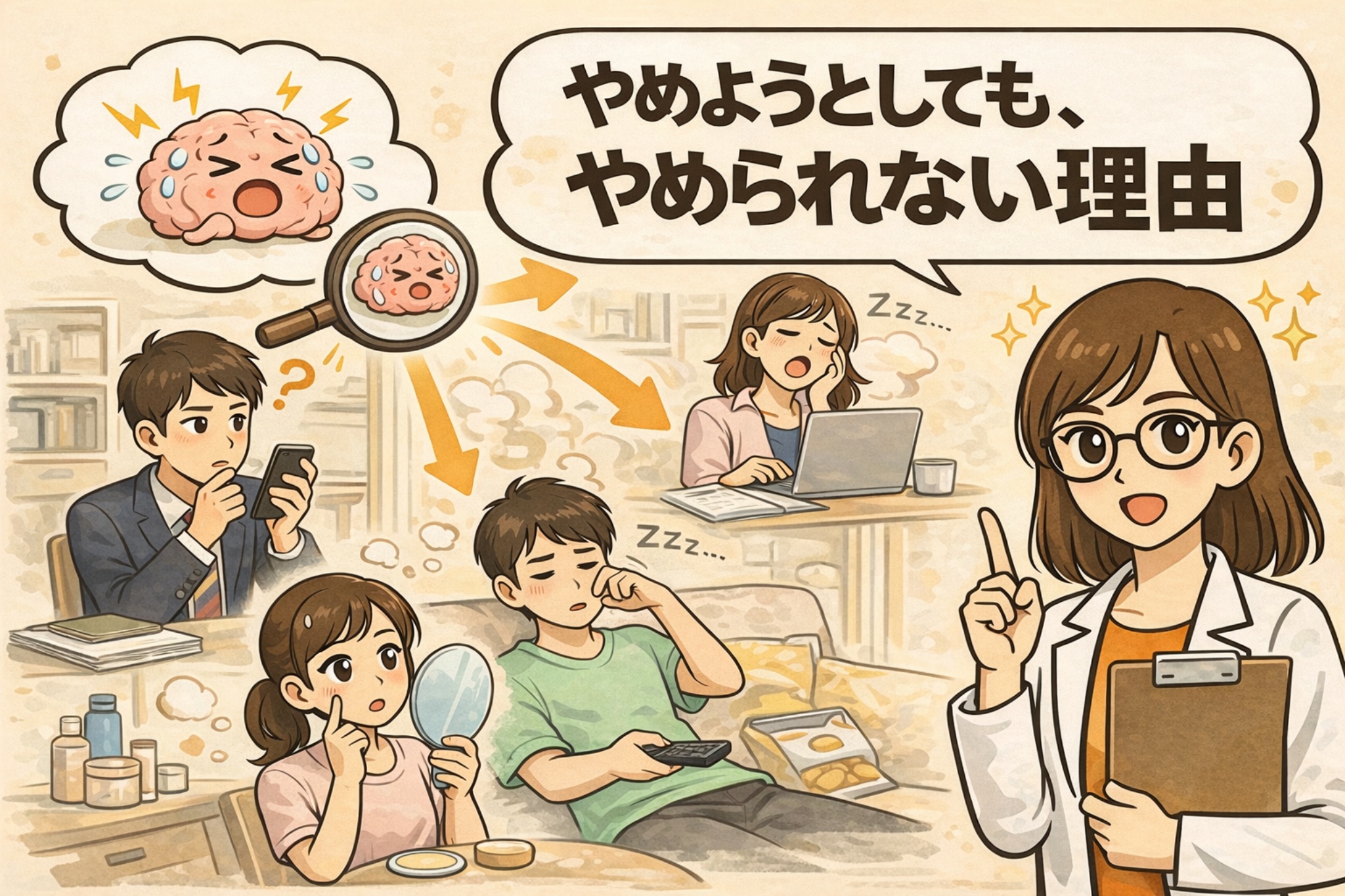 毛穴や角栓を触る行動がやめられない理由を説明したイラスト。スマホを見る男性、鏡で肌を確認する女性、テレビを見ながら鼻を触る男性、仕事中に眠気で無意識に顔を触る女性など、日常の無意識行動が描かれ、白衣の女性が「やめようとしても、やめられない理由」と解説している構図。