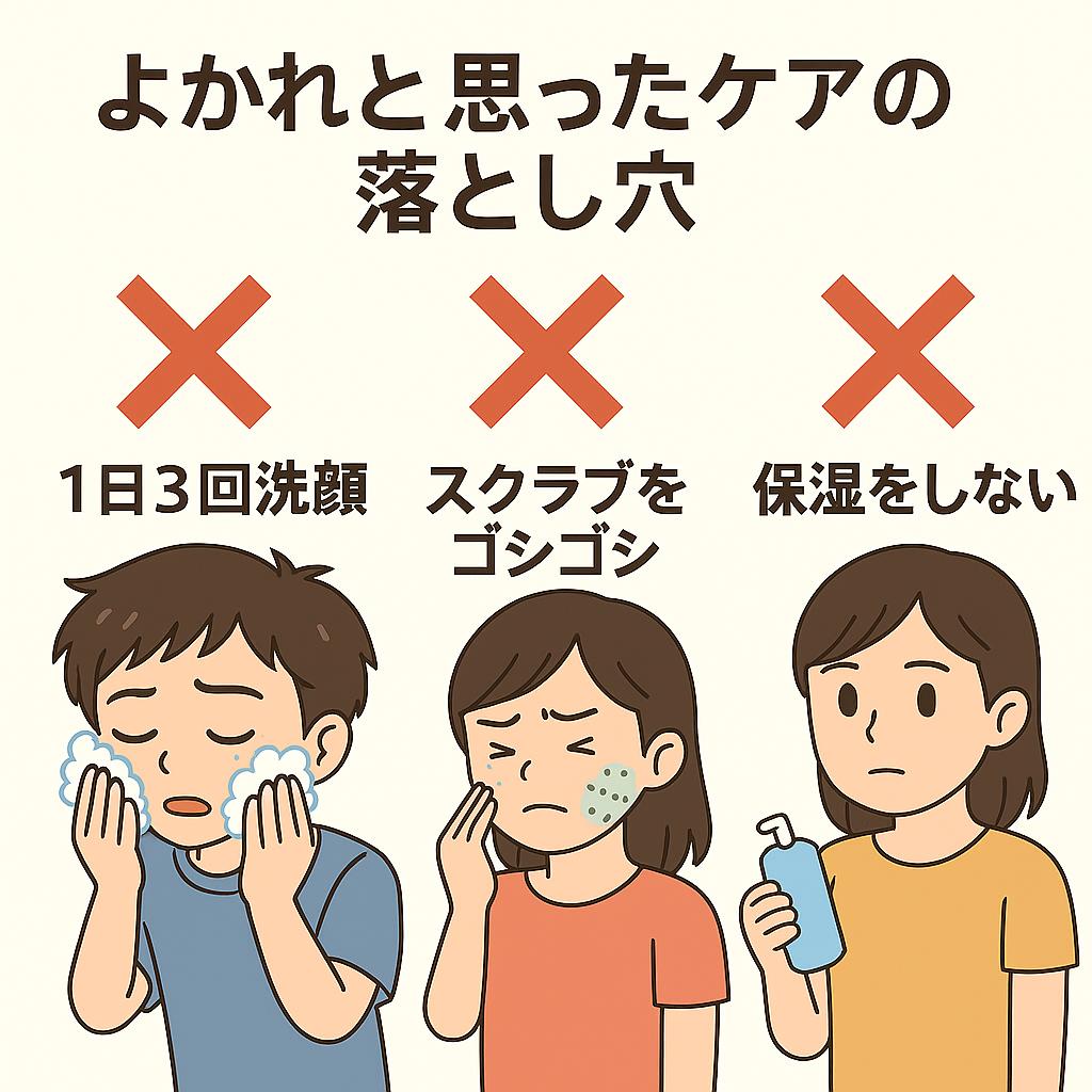 「よかれと思ったケアの落とし穴」と題したイラスト。
左から順に「1日3回洗顔する男の子」「スクラブをゴシゴシしている女の子」「保湿をしない女の子」が描かれ、それぞれ赤い×印が付いている。思春期ニキビを悪化させる間違った習慣を示している。
