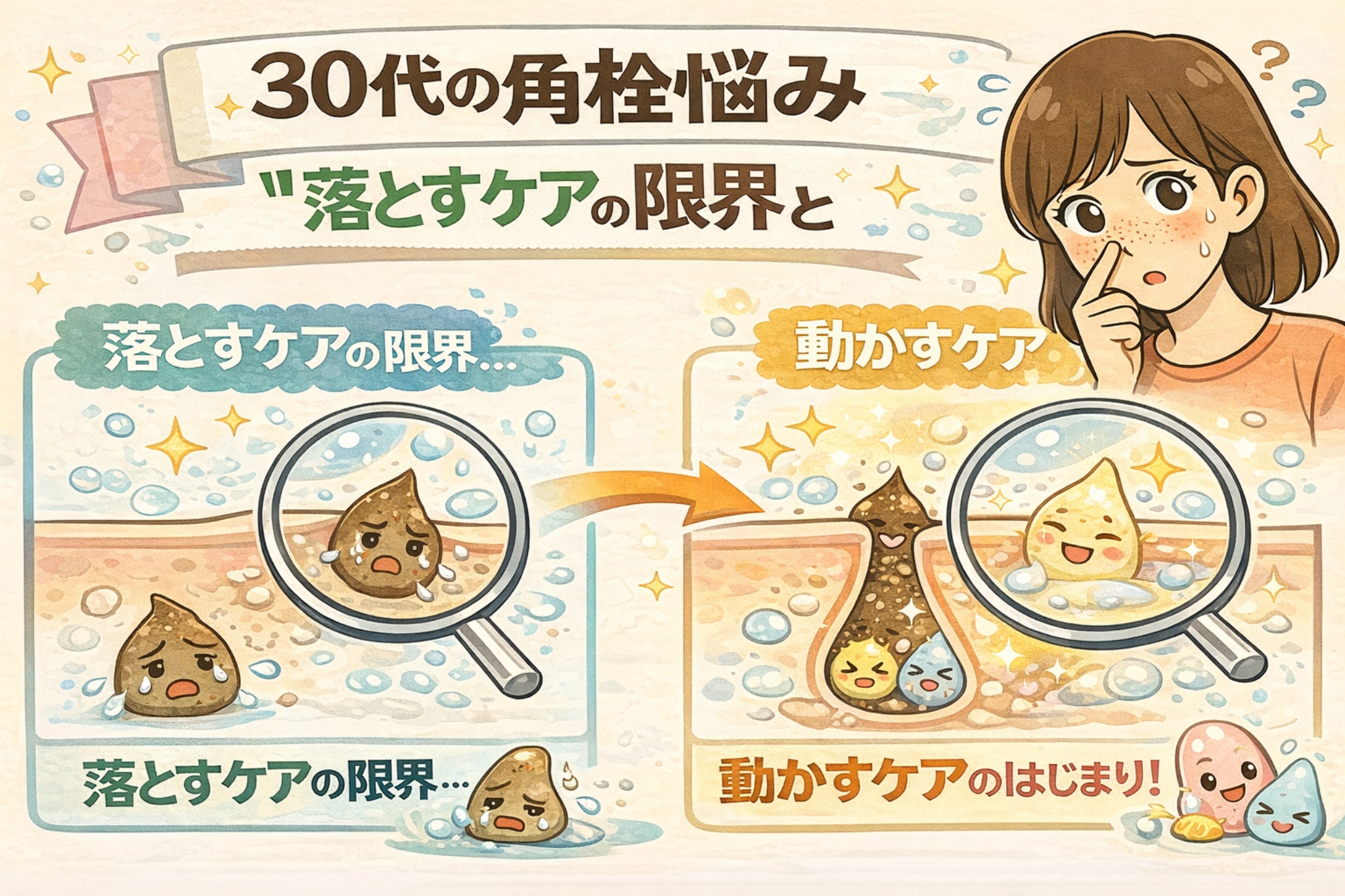 30代の角栓悩みについて、「落とすケア」の限界と「動かすケア」への切り替えを解説したイラスト。洗顔などで落とそうとしても残る角栓と、毛穴内で角栓を動かして流れを整えるケアの違いを、毛穴断面図と擬人化キャラクターで分かりやすく表現している。