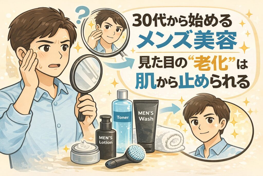30代から始めるメンズ美容をテーマにしたイラスト。鏡とルーペで肌を確認する男性が、洗顔・化粧水・乳液などのスキンケア習慣によって見た目の老化を防ぎ、清潔感のある若々しい印象へ変化していく様子を分かりやすく表現している。