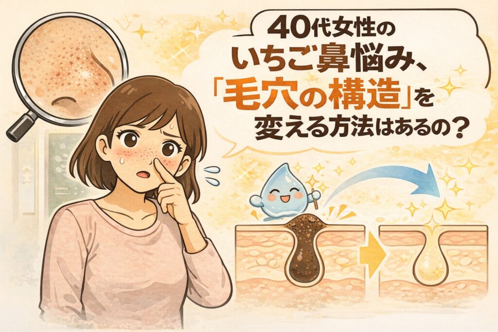 40代女性のいちご鼻悩みについて、「毛穴の構造」を変えられるのかを解説するイラスト。小鼻の黒ずみを気にする女性と、角栓が詰まった毛穴から整った毛穴へと変化する断面図を通して、年齢とともに変わる毛穴構造とケアの考え方を分かりやすく表現している。