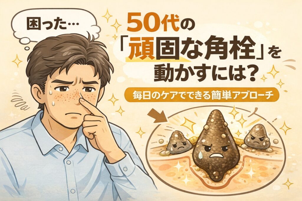 50代で硬くなった角栓が動きにくくなる理由と、毎日のケアで少しずつ流れを整える考え方を解説したイラスト。鼻の角栓が固まりやすい状態を断面図で示し、刺激を抑えた継続ケアの重要性をわかりやすく伝えている。