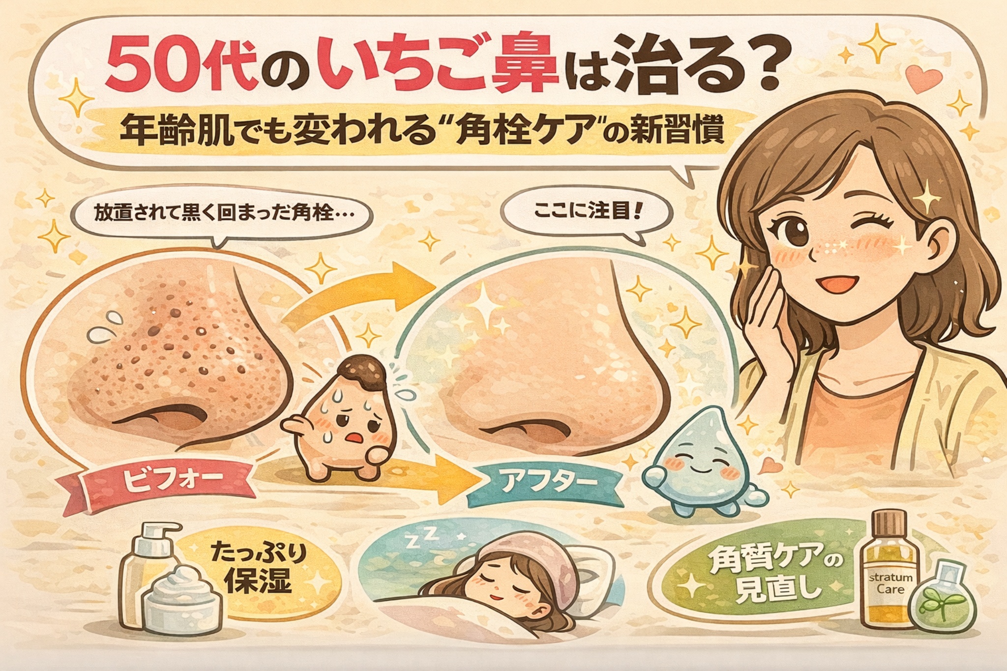50代のいちご鼻が改善する可能性を、年齢肌に合わせた角栓ケアの視点で解説したイラスト。放置されて黒ずんだ角栓の状態（ビフォー）と、保湿や睡眠、角質ケアの見直しによってなめらかに見える状態（アフター）を比較し、年齢に応じたケア習慣の重要性をわかりやすく示している。