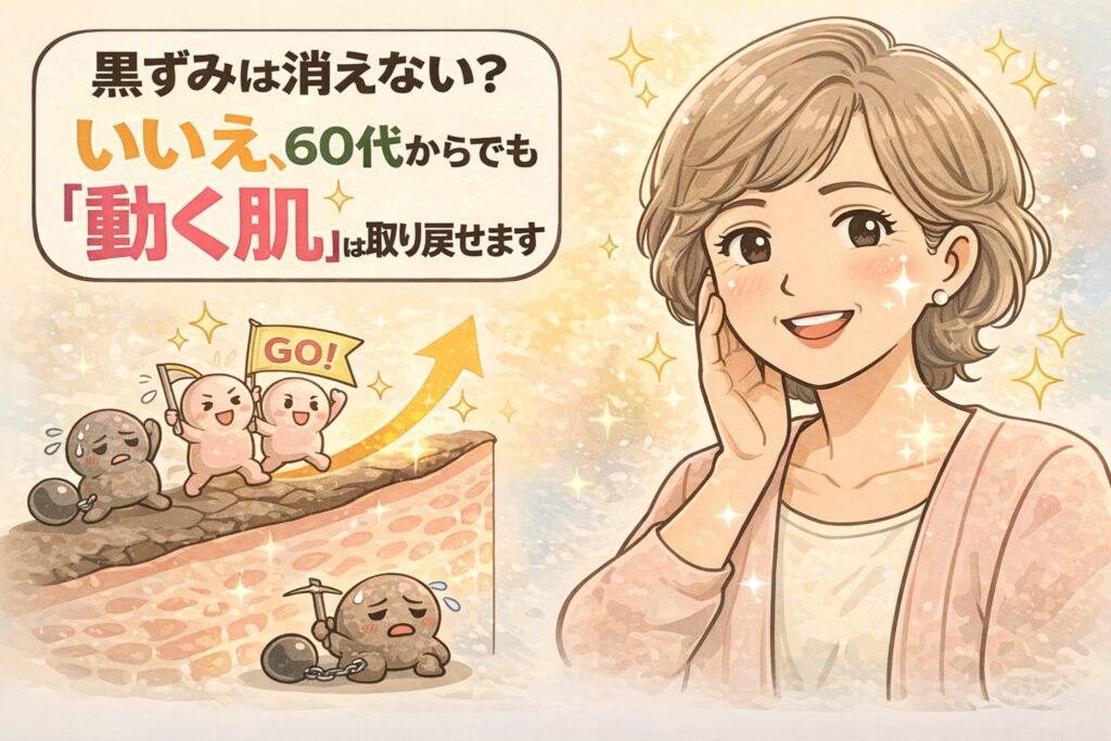 60代でも黒ずみは改善できることを伝えるイラスト。「黒ずみは消えない？」という疑問に対し、“動く肌”を取り戻すことで変化が期待できるというメッセージを、明るい表情の60代女性と、毛穴内部で変化するキャラクターの図解でわかりやすく表現している。