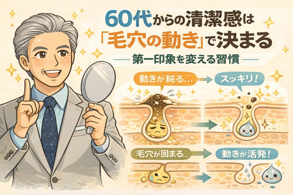 60代からの清潔感は「毛穴の動き」で決まることを解説するイラスト。鏡を持つ60代男性と、角栓で動きが鈍った毛穴から、流れが生まれてスッキリした毛穴へ変化する断面図を比較し、第一印象を変えるための習慣ケアの重要性をわかりやすく表現しているエイジングケア解説画像。
