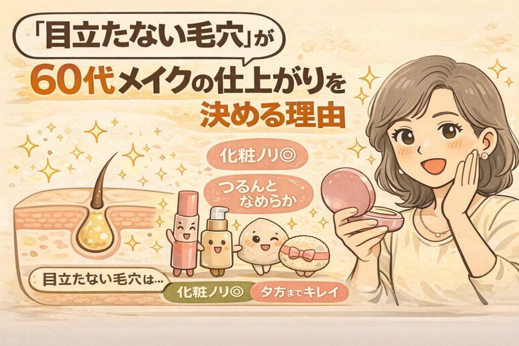 60代のメイク仕上がりにおいて「目立たない毛穴」が重要である理由を解説するイラスト。なめらかな肌断面図と、化粧下地やファンデーションを擬人化したキャラクター、コンパクトミラーを手に笑顔の女性を描き、化粧ノリの良さや夕方まできれいな仕上がりを視覚的に表現している。
