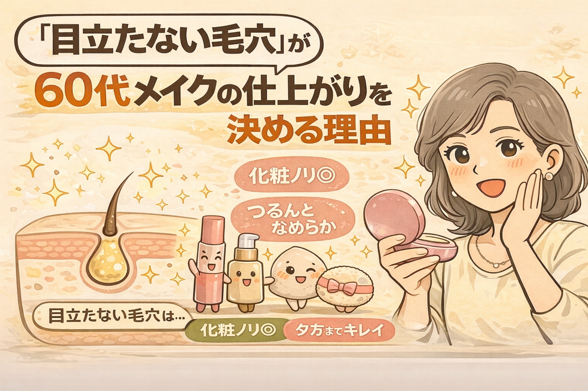 60代のメイク仕上がりにおいて「目立たない毛穴」が重要である理由を解説するイラスト。なめらかな肌断面図と、化粧下地やファンデーションを擬人化したキャラクター、コンパクトミラーを手に笑顔の女性を描き、化粧ノリの良さや夕方まできれいな仕上がりを視覚的に表現している。