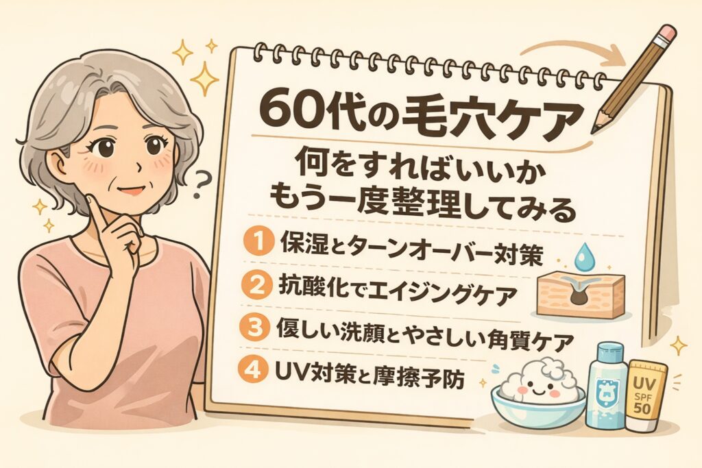 60代女性が毛穴ケアについて考え込む様子を描いたイラスト。ノート風の図解で、保湿とターンオーバー対策、抗酸化ケア、やさしい洗顔と角質ケア、UV対策と摩擦予防といった60代向け毛穴ケアの基本ポイントを整理して解説している構成。