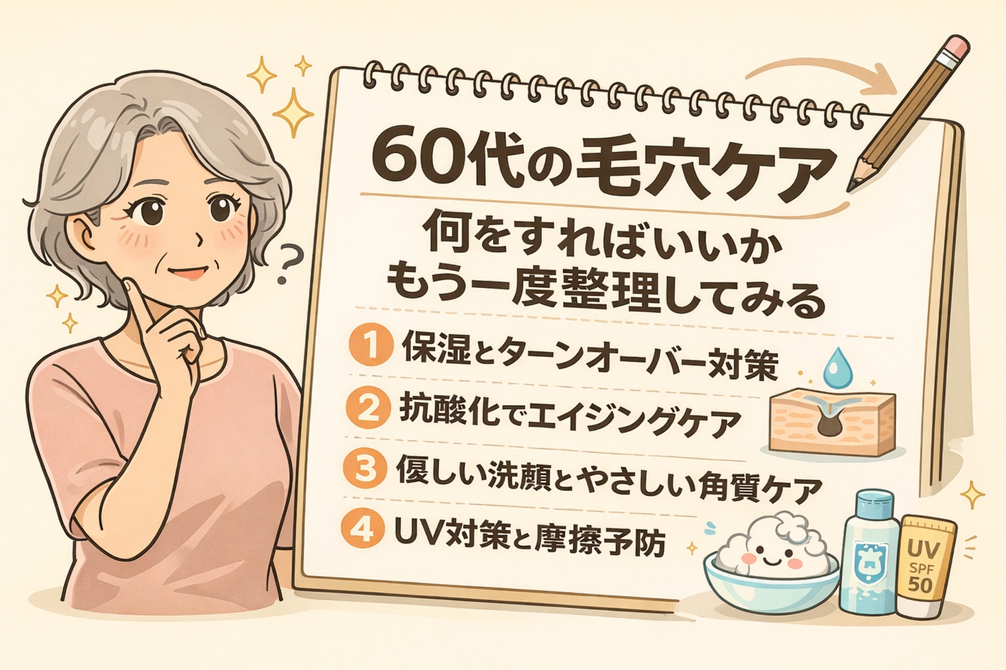 60代女性が毛穴ケアについて考え込む様子を描いたイラスト。ノート風の図解で、保湿とターンオーバー対策、抗酸化ケア、やさしい洗顔と角質ケア、UV対策と摩擦予防といった60代向け毛穴ケアの基本ポイントを整理して解説している構成。