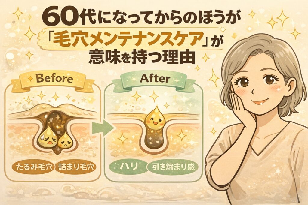 60代になってから毛穴メンテナンスケアが重要になる理由を示したイラスト。たるみ毛穴や詰まり毛穴の状態（Before）と、ハリや引き締まり感のある毛穴の見え方（After）を断面図で比較し、年齢に応じた毛穴ケアの考え方をわかりやすく解説している。
