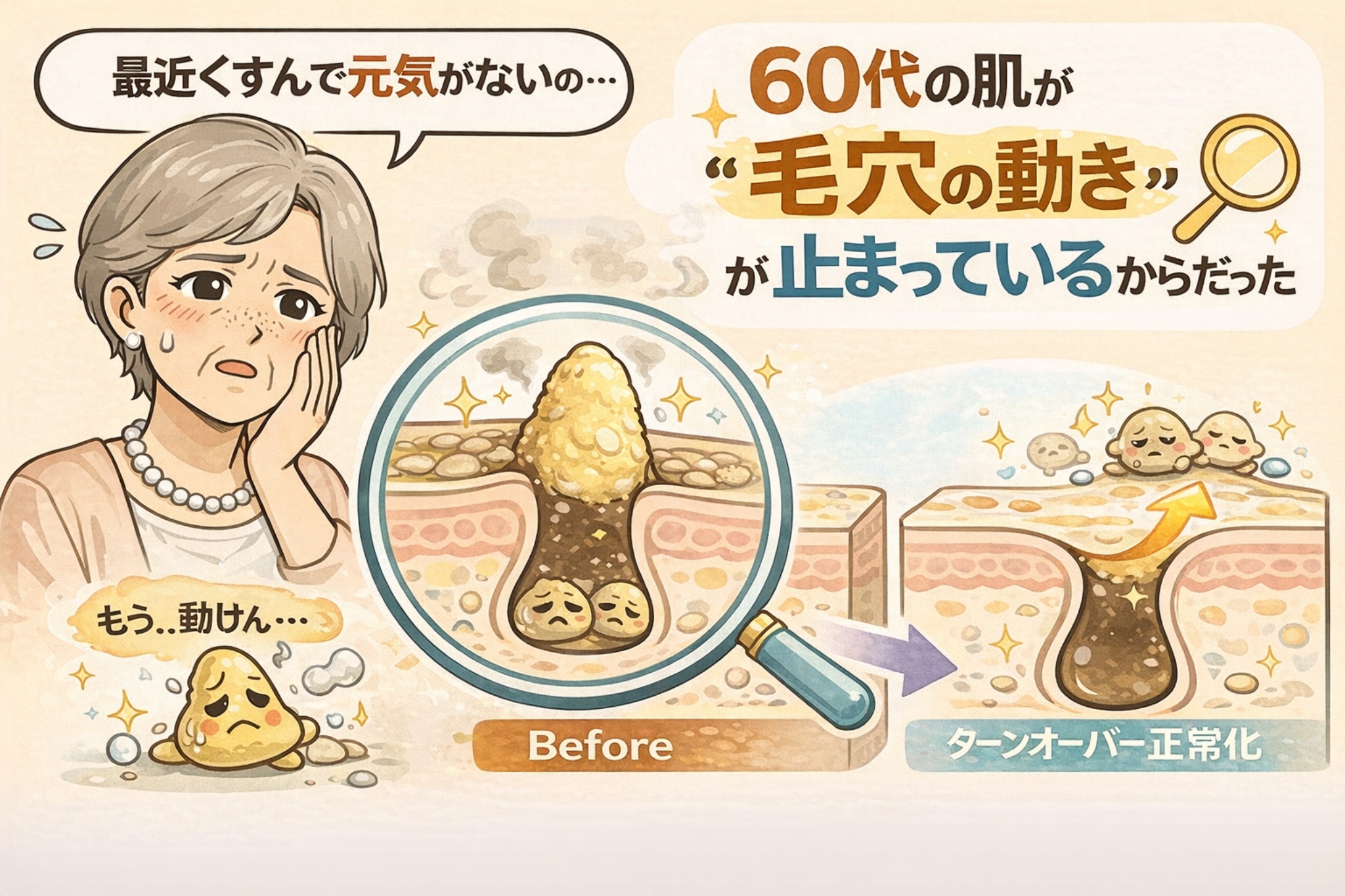 60代の肌で毛穴の“動き”が止まることで元気がなく見える理由を解説するイラスト。角栓が固まり毛穴内部の流れが停滞した状態（Before）と、ターンオーバーが整い毛穴が再び動き出す状態（After）を比較し、年齢による肌構造の変化と毛穴ケアの重要性をわかりやすく示している美容解説画像。