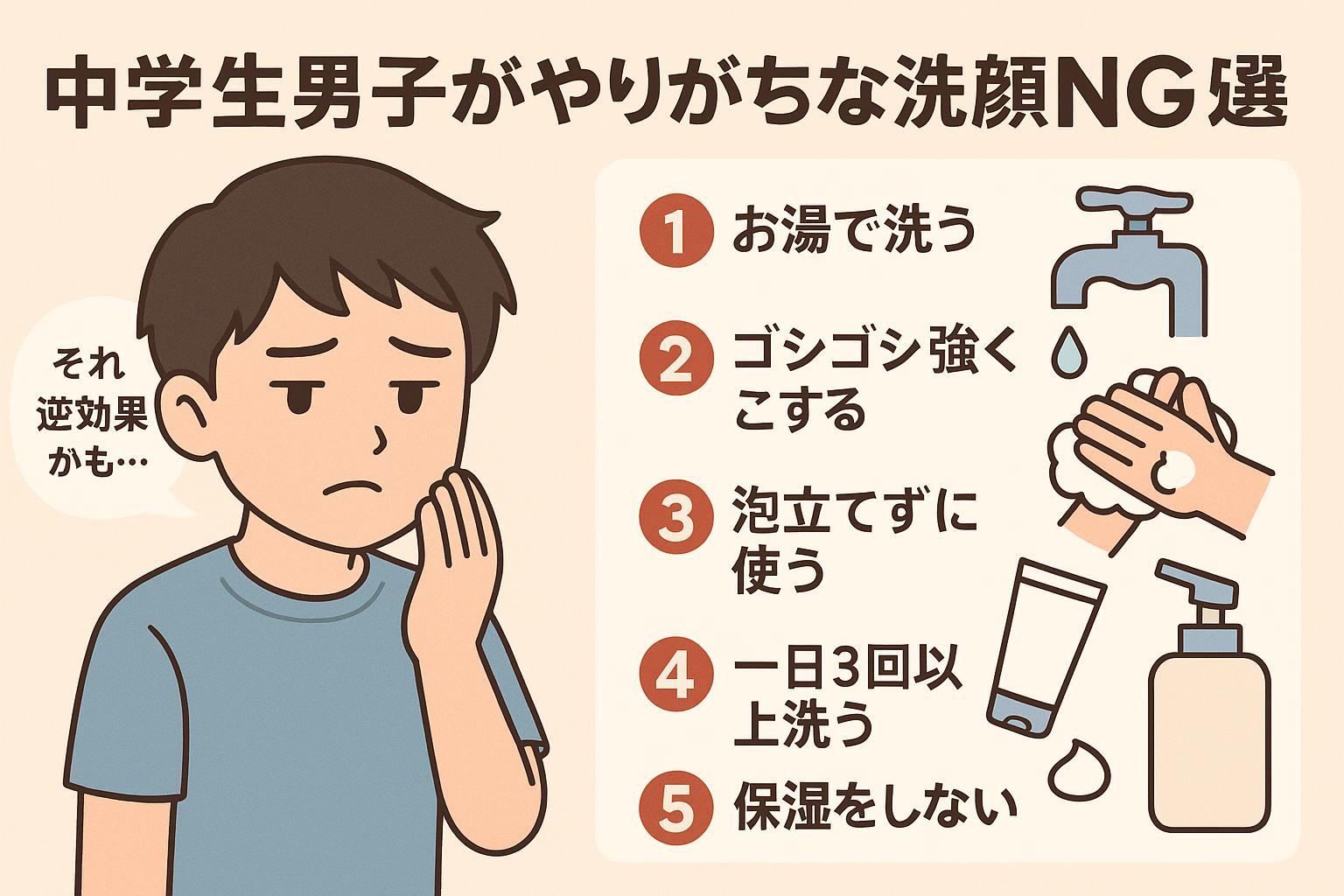 中学生男子が洗顔時にやりがちなNG行動5つを紹介した日本語インフォグラフィック。悩む表情の男子の左側に「それ逆効果かも…」という吹き出し。右側には「お湯で洗う」「ゴシゴシ強くこする」「泡立てずに使う」「一日3回以上洗う」「保湿をしない」の5項目がイラスト付きで描かれている。