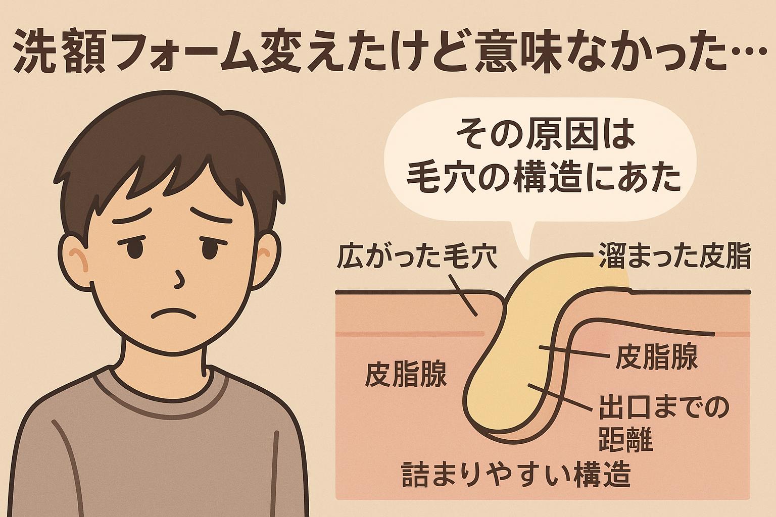 洗顔フォームを変えても肌の悩みが改善しない理由を解説する中学生男子向けインフォグラフィック。左側に悩む少年と「その原因は毛穴の構造にあった」の吹き出し。右側には「詰まりやすい構造」「出口までの距離」「皮脂腺」「溜まった皮脂」などの注釈付きで毛穴構造の図解が描かれている。