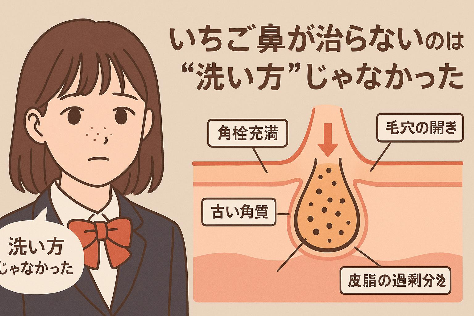 女子高生が無表情で正面を向き、「洗い方じゃなかった」というセリフを発している。右には皮脂と角栓で詰まった毛穴の構造図があり、「古い角質」「皮脂の過剰分泌」などのラベルが記されている。