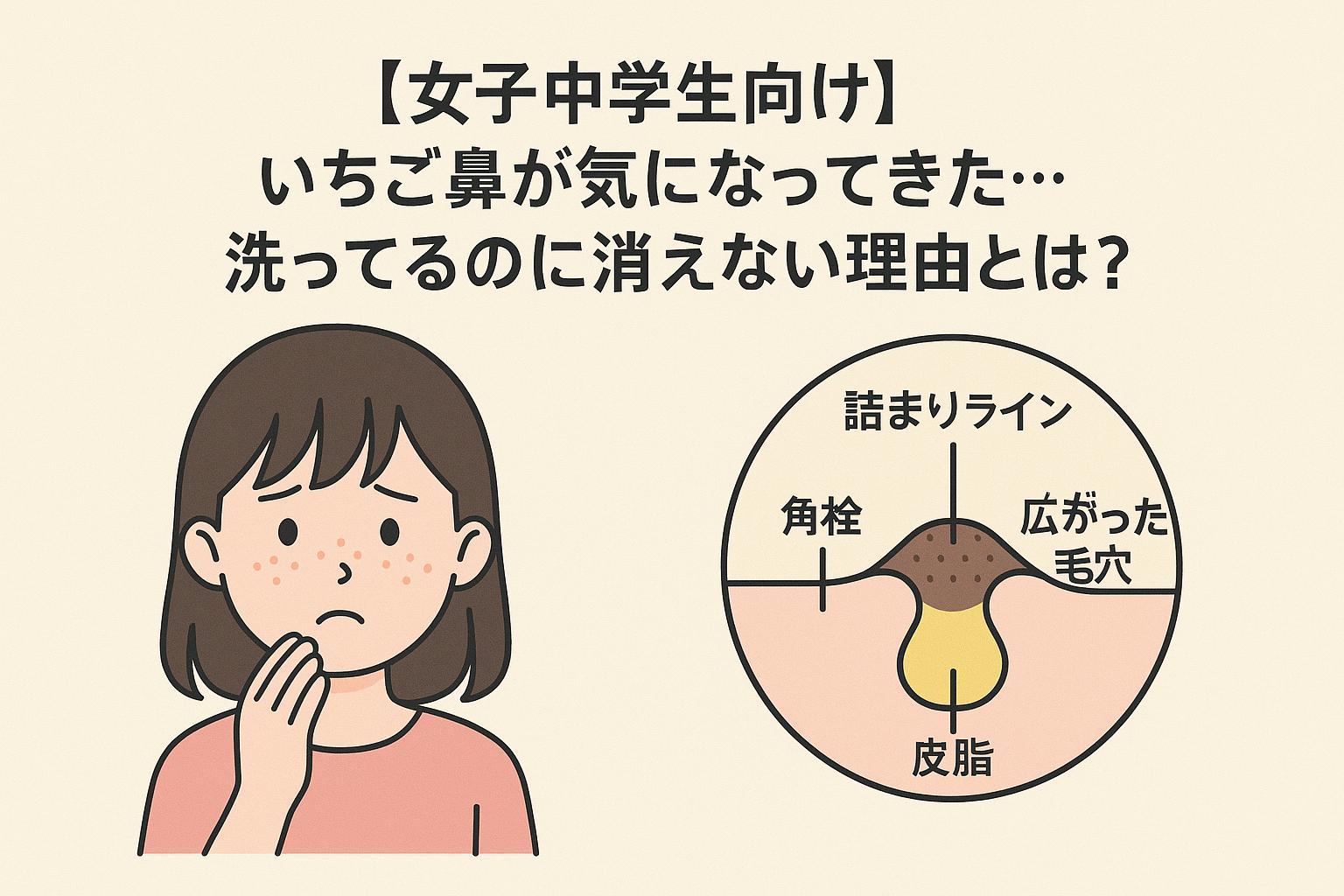 いちご鼻に悩む女子中学生のための毛穴断面図付きインフォグラフィック。左に鼻の黒ずみを気にする少女、右に「詰まりライン」「角栓」「皮脂」「広がった毛穴」の構造解説が描かれている。