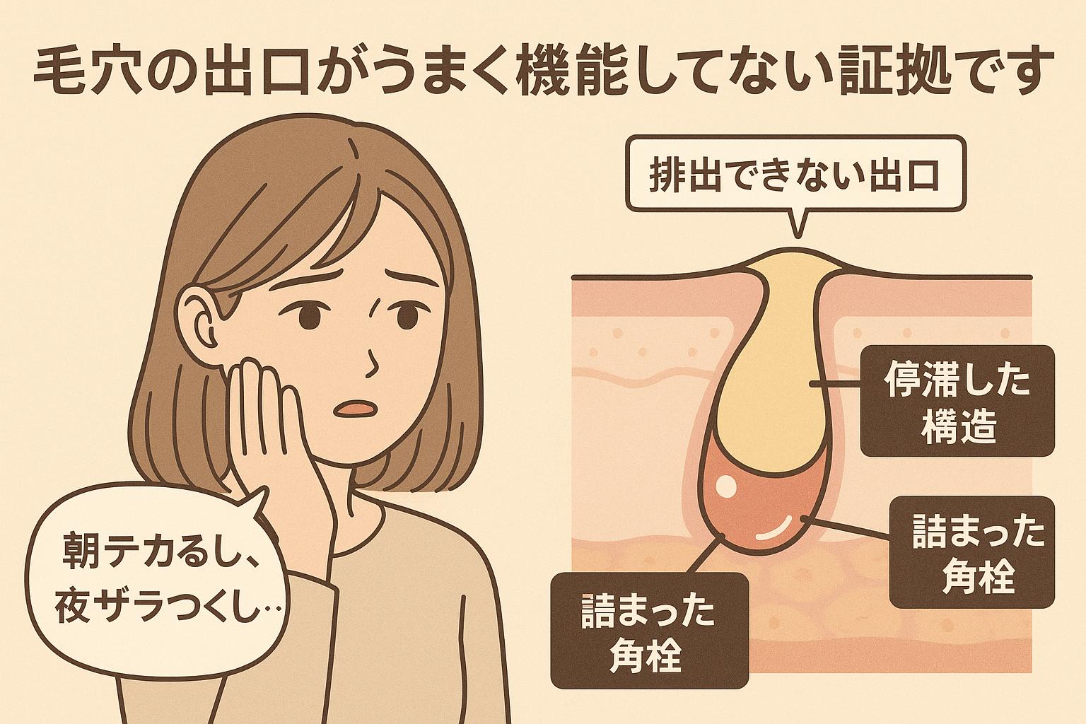 日本の教育系チラシ風イラスト。落ち着いた色合いで、心配そうに頬へ手を当てる女子大生が描かれている。左側には「朝のテカリ、夜のザラつき──毛穴の出口がうまく機能してない証拠です」という大きな文字。