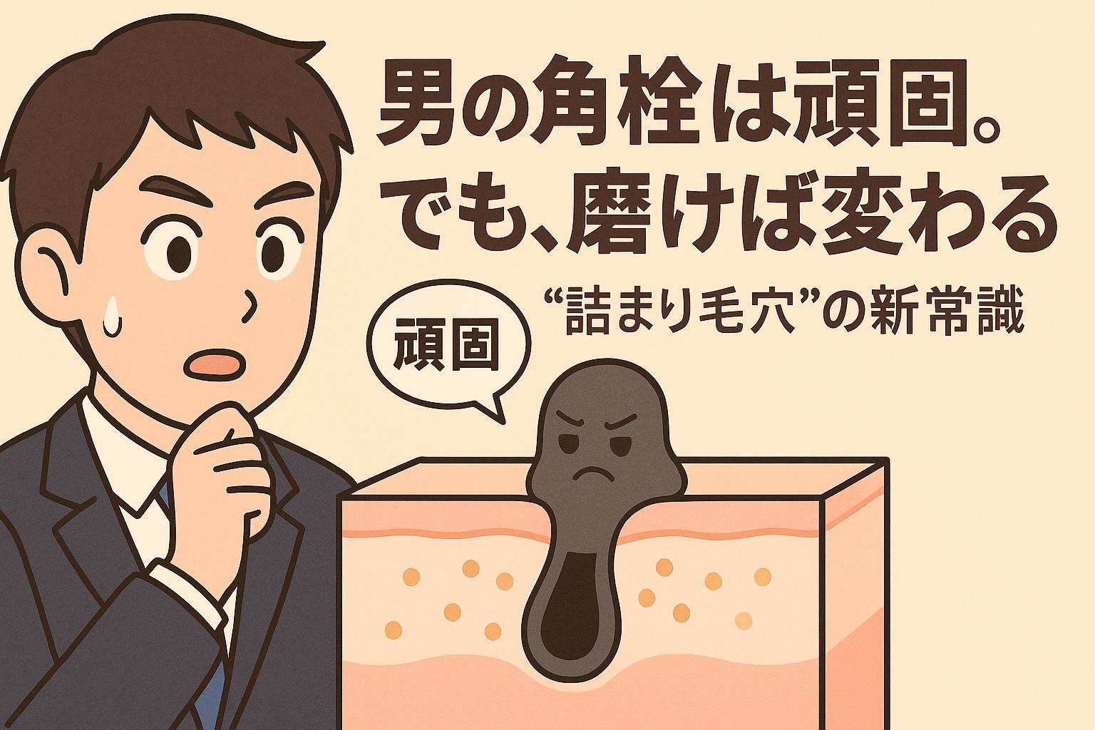 スーツ姿の若い男性が、皮膚断面図の中の頑固そうな角栓（擬人化）を見つめている様子。右側に「男の角栓は頑固。でも、磨けば変わる “詰まり毛穴”の新常識」という太字の日本語テキスト。構造と感情が交差する場面を描いたビジュアル。