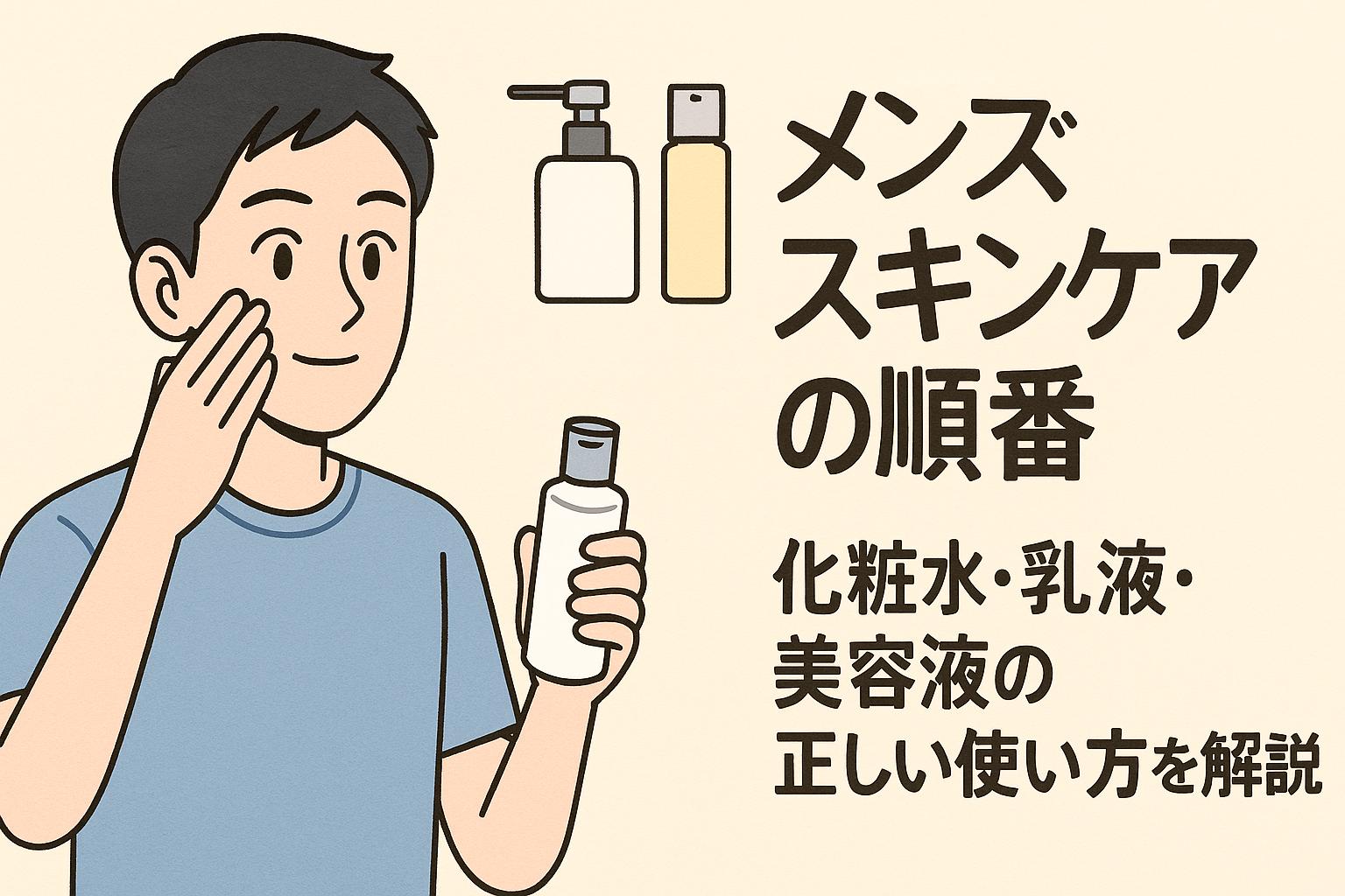 青いTシャツを着た若い男性が、スキンケアボトルを手に頬に塗布する仕草をしながら微笑む姿。右側には「メンズスキンケアの順番 化粧水・乳液・美容液の正しい使い方を解説」というタイトルと、上部に3つのスキンケアボトルのイラストが配置された。