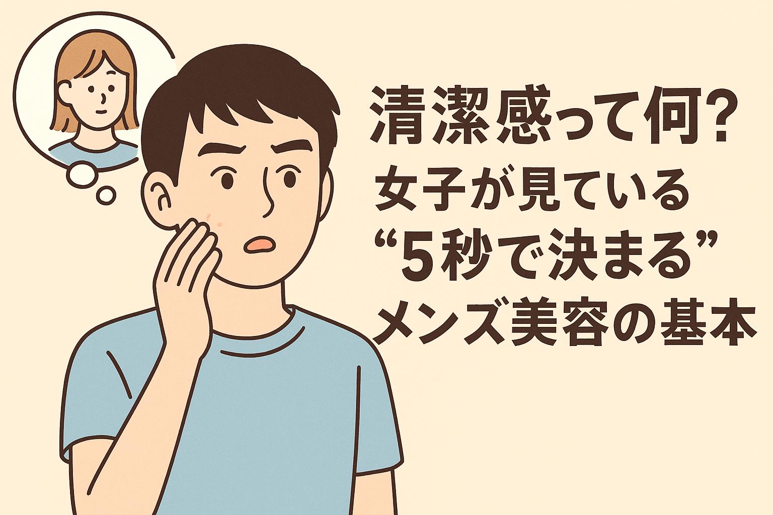 頬を手で触れながら心配そうな表情を浮かべる青年。その頭の上には女性の顔を描いた吹き出しが浮かんでおり、視線を意識している様子。「清潔感って何？女子が見ている“5秒で決まる”メンズ美容の基本」というタイトルが右側に配置されている。