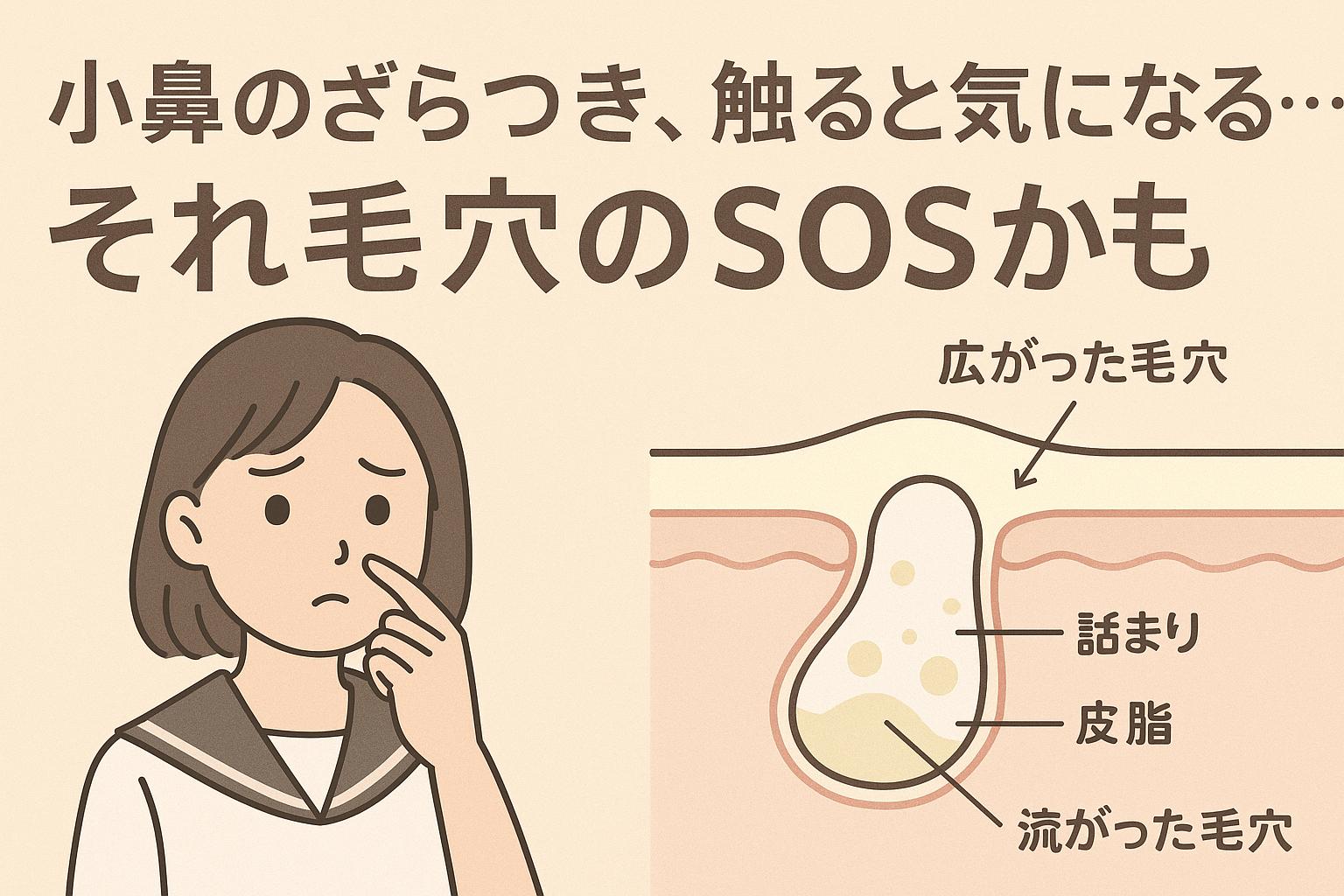 小鼻のざらつきに悩む女子中学生向けインフォグラフィック。左に悩む表情の女子生徒、右に「広がった毛穴」「詰まり」「皮脂」「流がった毛穴」と記された毛穴断面図が掲載されている。