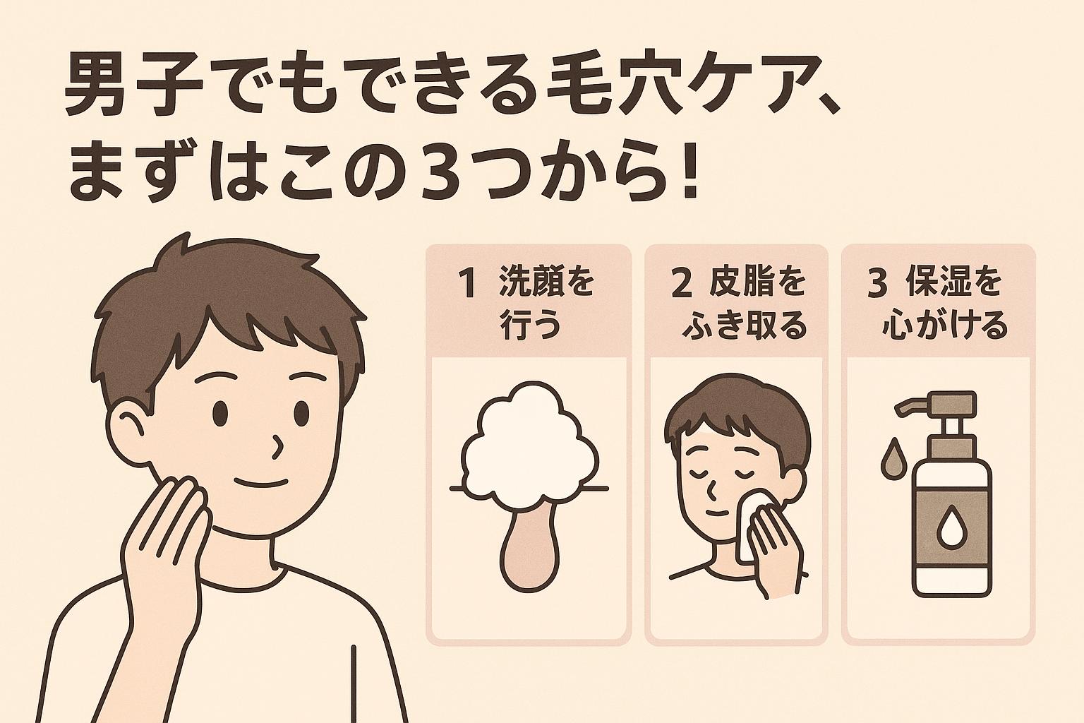 男子中学生向けの毛穴ケア入門として「1 洗顔を行う」「2 皮脂をふき取る」「3 保湿を心がける」の3ステップを解説。左に笑顔の男子、右に手順が図解されているやさしいトーンの日本語インフォグラフィック。