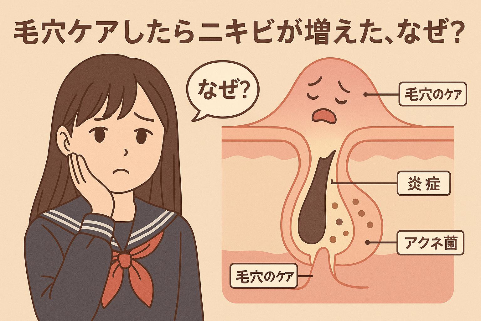 頬を押さえて困惑する女子高生と、アクネ菌や炎症が広がった毛穴の断面図。「毛穴のケア」「炎症」「アクネ菌」といった要素が擬人化された形で視覚的に説明されている。