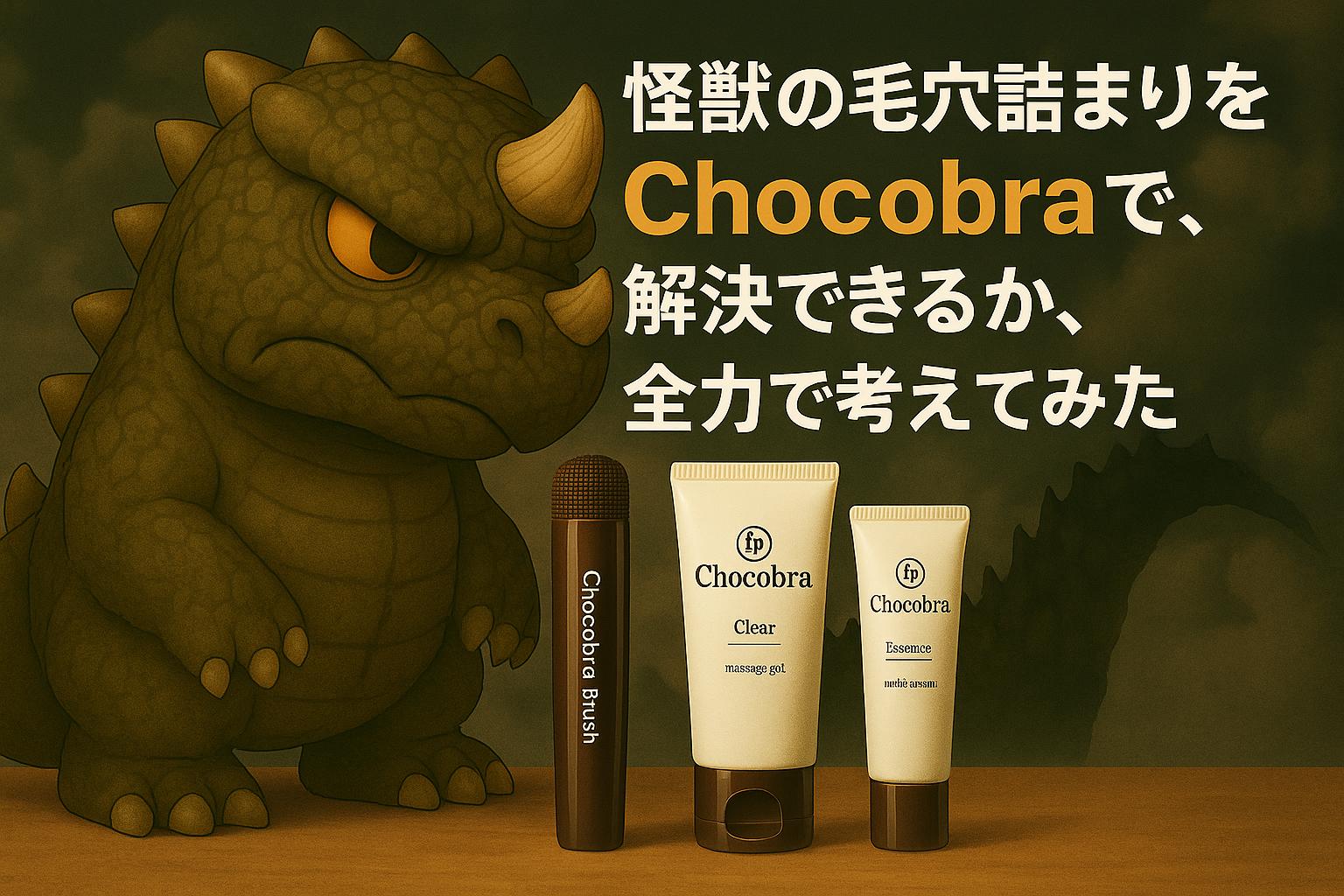 「毛穴の詰まりを抱える巨大怪獣ポアザウルスと、Chocobra製品（ブラシ・ジェル・美容液）が対峙する、国家プロジェクト風の迫力ある広告イメージ」