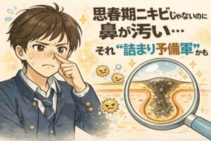 思春期にニキビはないのに鼻が汚れて見える理由を解説するイラスト。鼻の黒ずみを気にする学生と、拡大した毛穴断面図を描き、黒ずみの正体がニキビではなく角栓の“詰まり予備軍”である可能性を示している。