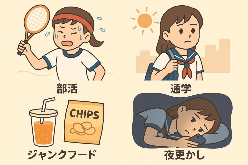 「4コマ風イラスト。上左＝汗だくで部活をする女子中学生、上右＝強い日差しを浴びながら通学する女子、下左＝ジュースとポテトチップスのジャンクフード、下右＝夜遅くまでスマホを見ている女子。思春期特有の生活習慣が毛穴を悪化させることを示す図。」