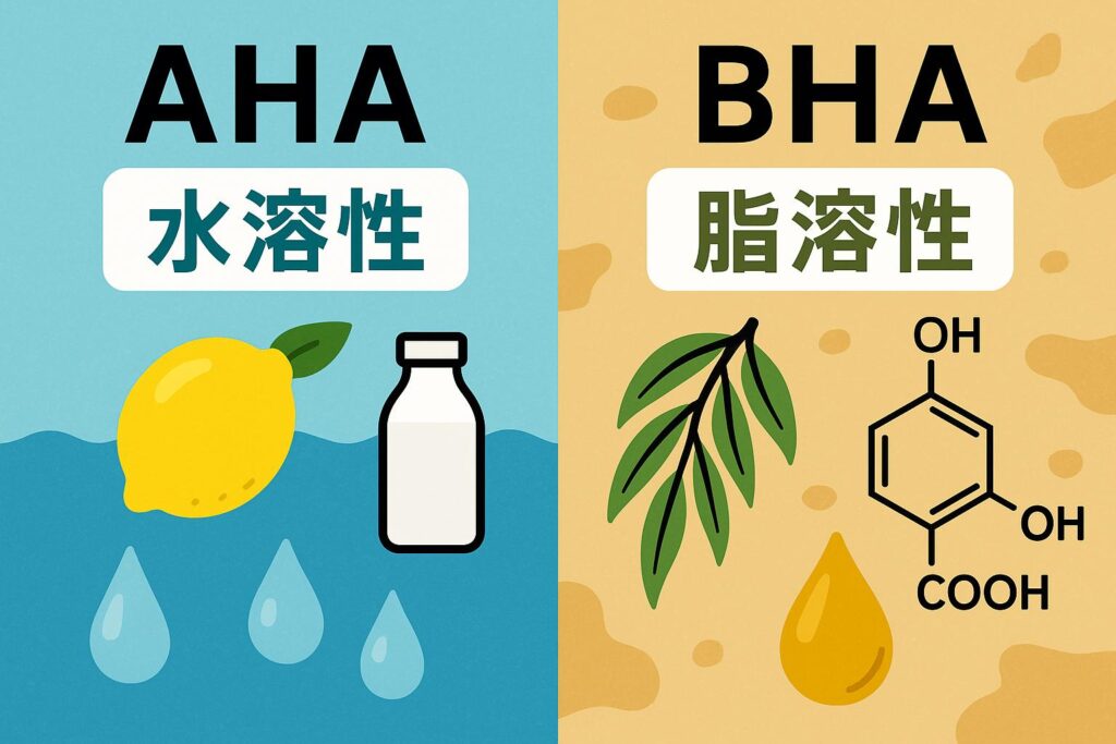 「AHAとBHAの違いを示す比較イラスト。左側は水色背景にレモンとミルクで表現されたAHA（水溶性）、右側はベージュ背景に柳の葉と化学構造式で表現されたBHA（脂溶性）。AHAは水に溶けやすく肌表面に作用、BHAは油に溶けやすく毛穴の奥に作用する特徴を直感的に示している。」