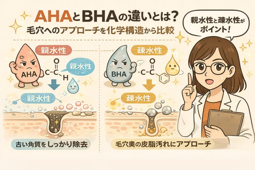 AHAとBHAの違いを化学構造と毛穴へのアプローチから比較した図解イラスト。親水性のAHAは古い角質の除去に向き、疎水性のBHAは毛穴奥の皮脂汚れにアプローチする特徴を、毛穴断面図と擬人化キャラクター、研究者の解説イラストでわかりやすく示している。