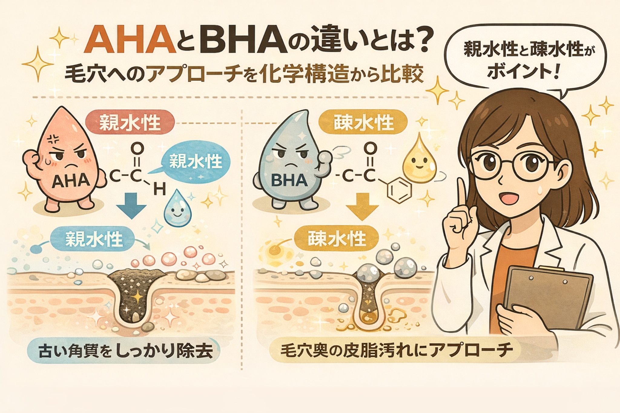 AHAとBHAの違いを化学構造と毛穴へのアプローチから比較した図解イラスト。親水性のAHAは古い角質の除去に向き、疎水性のBHAは毛穴奥の皮脂汚れにアプローチする特徴を、毛穴断面図と擬人化キャラクター、研究者の解説イラストでわかりやすく示している。