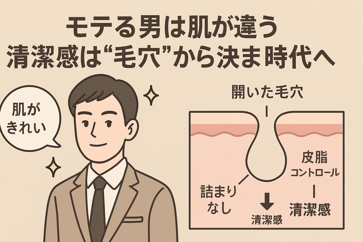 「肌がきれい」と言われる男性と、詰まりのない毛穴構造を示した断面図。「皮脂コントロール」「清潔感」「詰まりなし」などの要素により、肌の清潔感と毛穴ケアの関係を視覚的に伝えている。