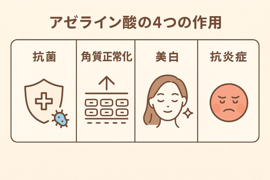 「アゼライン酸の4つの作用」を示す横長インフォグラフィック。4つの区分に分かれ、左から順に「抗菌（盾と細菌のアイコン）」「角質正常化（角層の模式図と上向き矢印）」「美白（女性の顔ときらめきアイコン）」「抗炎症（赤く腫れた顔のアイコン）」が描かれている。シンプルなフラットデザインで、ベージュ背景に茶色の文字とイラストが配置されている。