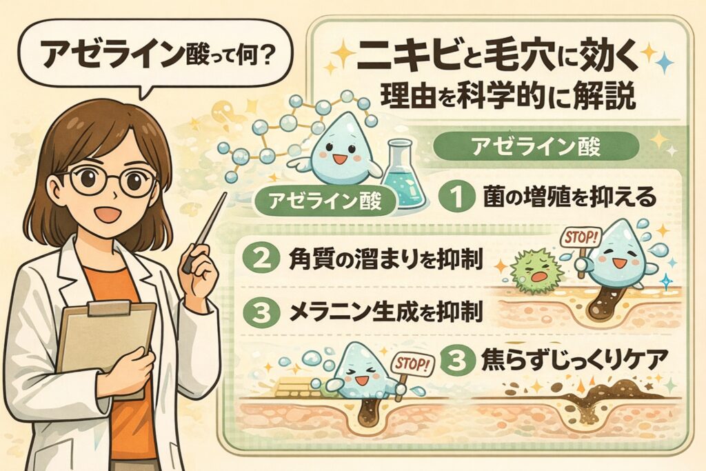アゼライン酸とは何かを、ニキビと毛穴への効果を中心に科学的に解説した図解イラスト。白衣の女性が解説役となり、アゼライン酸が「菌の増殖を抑える」「角質の溜まりを抑制する」「メラニン生成を抑える」といった作用で、焦らずじっくり毛穴ケアを行う成分であることを示している。