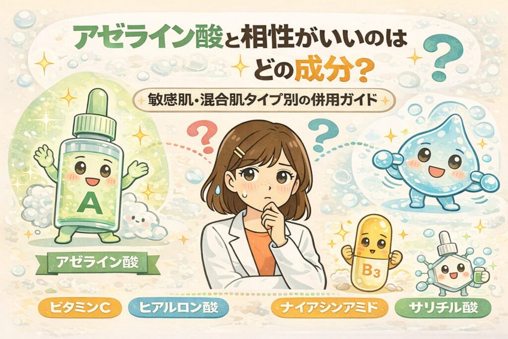 アゼライン酸と相性のよい成分を、擬人化した成分キャラクターとともに解説したイラスト。ビタミンC、ヒアルロン酸、ナイアシンアミド、サリチル酸との併用を、敏感肌・混合肌向けの視点で比較し、成分同士の相性や選び方の考え方をやさしく示している。