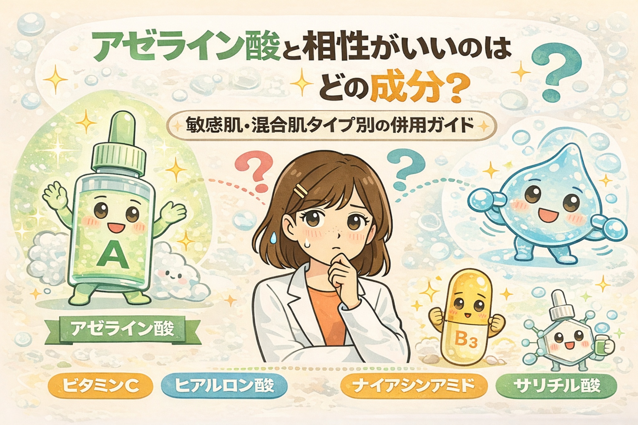 アゼライン酸と相性のよい成分を、擬人化した成分キャラクターとともに解説したイラスト。ビタミンC、ヒアルロン酸、ナイアシンアミド、サリチル酸との併用を、敏感肌・混合肌向けの視点で比較し、成分同士の相性や選び方の考え方をやさしく示している。