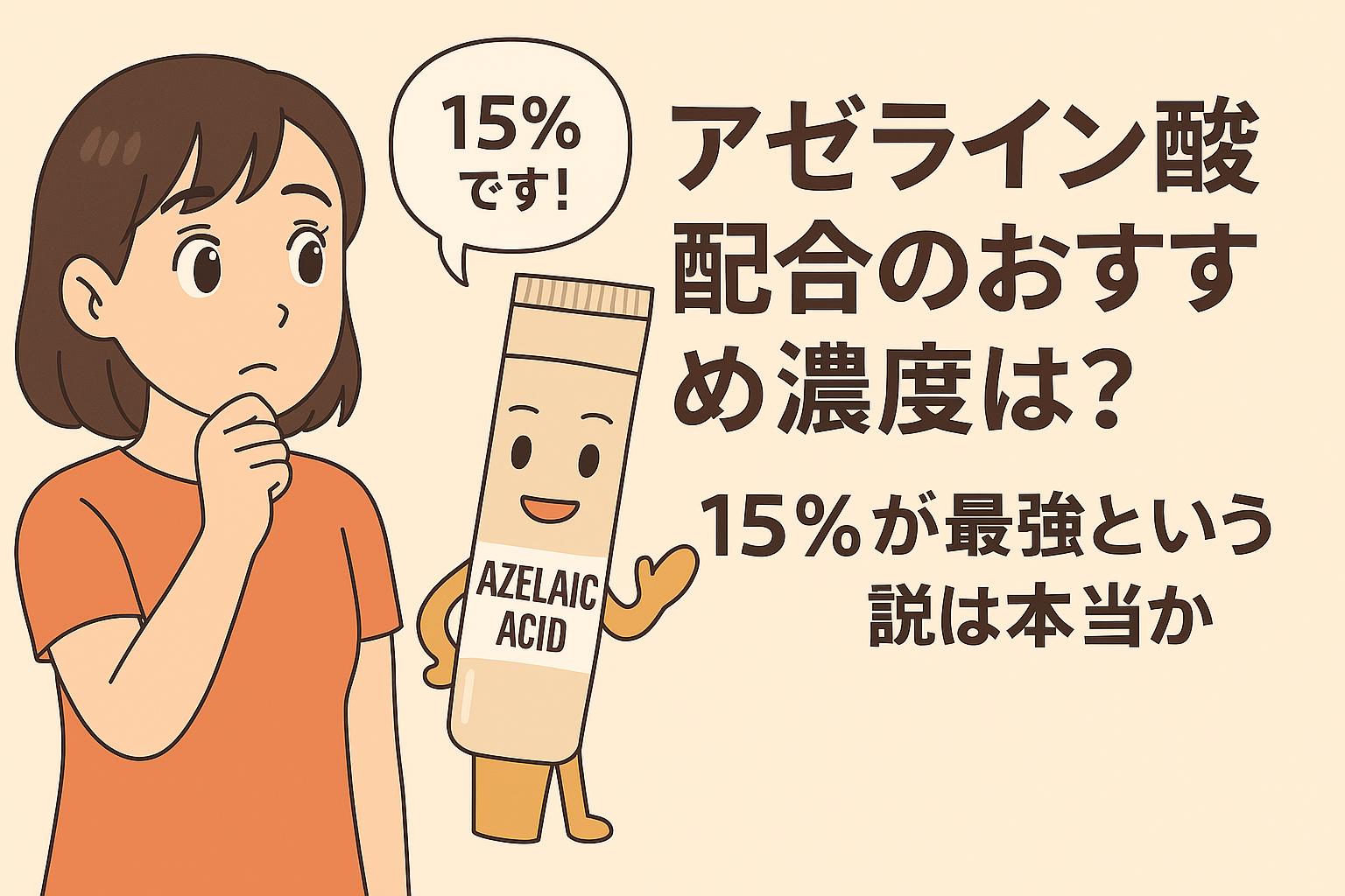 アゼライン酸のチューブが「15％です！」と主張し、女性が疑問を抱く構図。おすすめ濃度の科学的検証がテーマ。