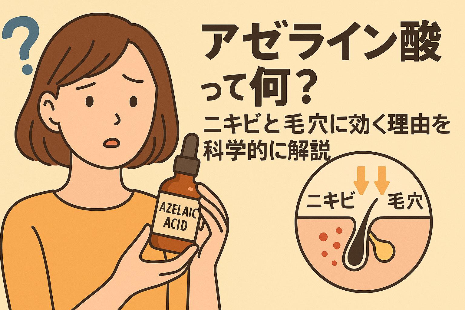 アゼライン酸のボトルを持ち、疑問の表情を浮かべる女性と、その効果を説明する毛穴・ニキビ構造の図解を含むイラスト。