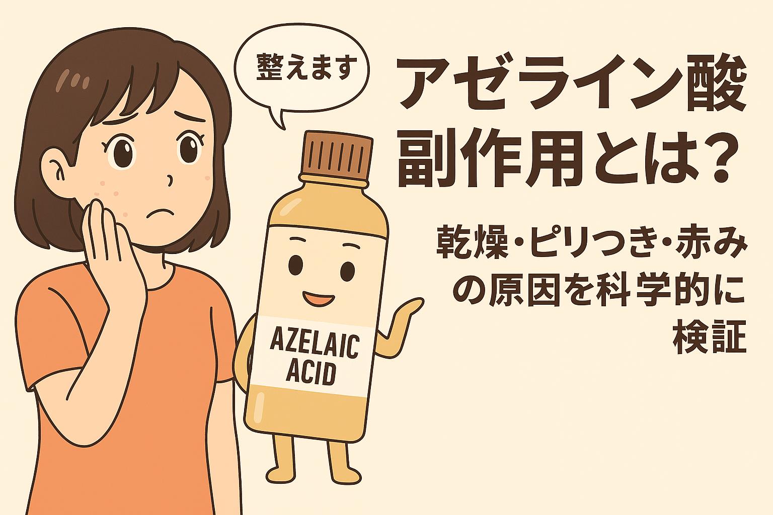 アゼライン酸の副作用（乾燥・赤み・ピリつき）をテーマに、頬を気にする女性と擬人化されたアゼライン酸ボトルが描かれたイラスト。