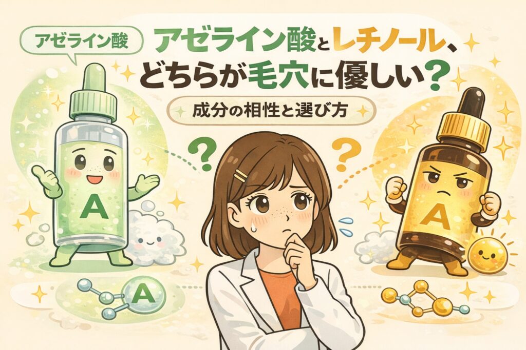 アゼライン酸とレチノールのどちらが毛穴ケアに向いているかを、擬人化した成分ボトルと迷う女性のイラストで比較解説した図解。成分の相性や特徴を示しながら、毛穴悩みに合わせた選び方の考え方をやさしく伝えている。
