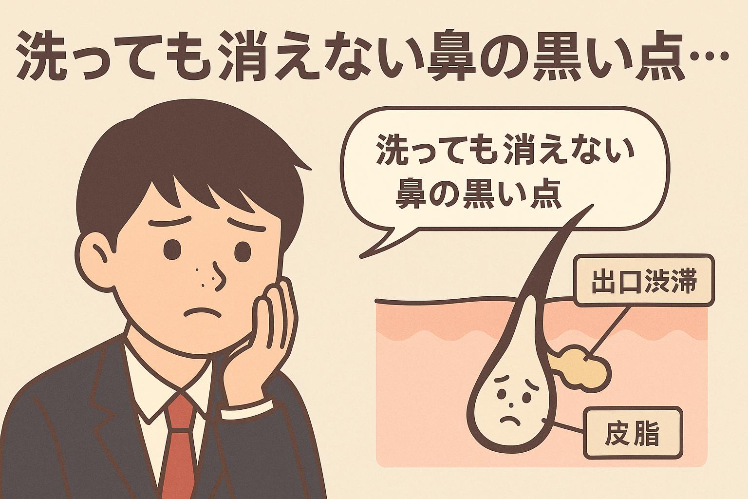 鼻の黒ずみに悩む男子高校生が「洗っても消えない鼻の黒い点」とつぶやく場面と、皮脂が毛穴内部で詰まり、出口が塞がれた構造を示す断面図。「皮脂」「出口渋滞」のラベル付きで、洗顔だけでは解決できない理由を表現している。