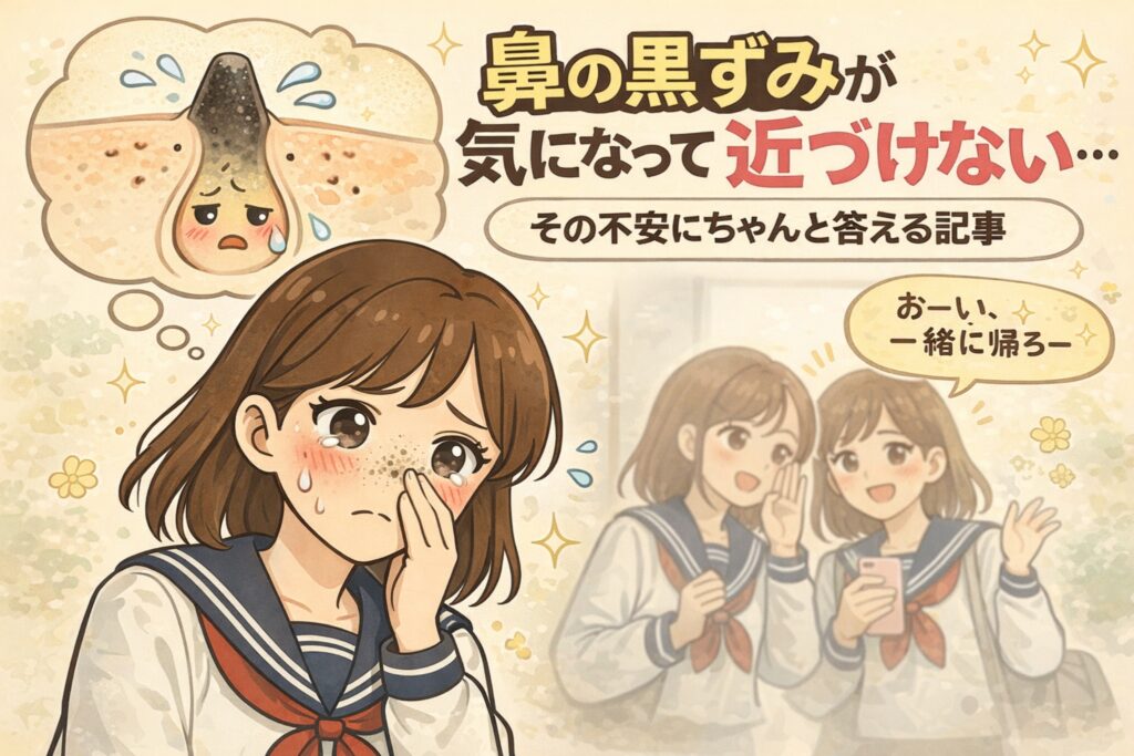 鼻の黒ずみが気になり、人に近づくことを不安に感じる女子学生の心情を描いたイラスト。鼻の毛穴の黒ずみを気にして俯く少女と、思考吹き出しには角栓が詰まった毛穴のイメージが描かれている。右側には友人たちが楽しそうに声をかける場面がぼかして表現され、黒ずみへの不安が人間関係や行動に影響する様子をやさしく伝えるビジュアル。